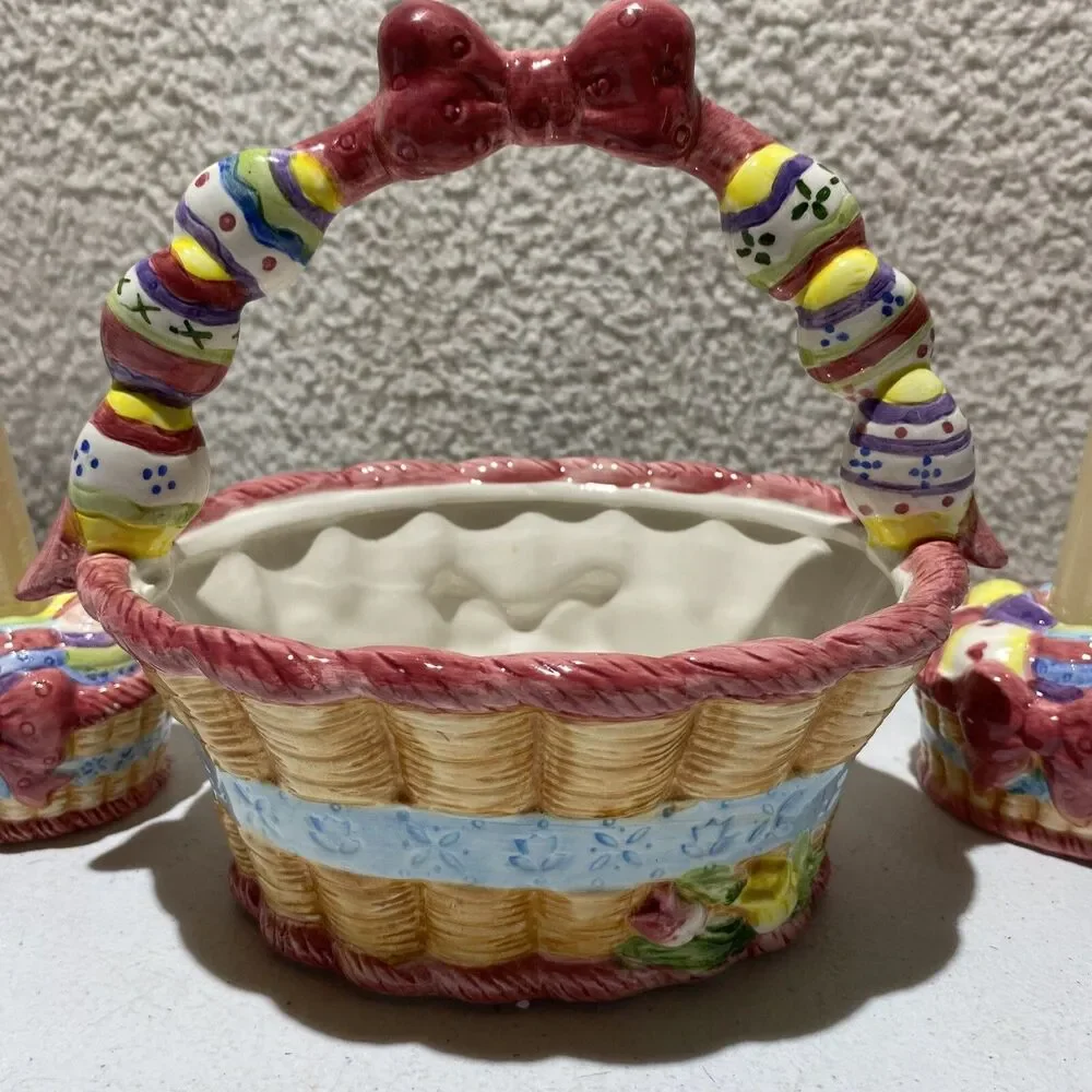 Set of 3 Ceramic Easter Egg Basket & 2 Candleholders Centerpiece
